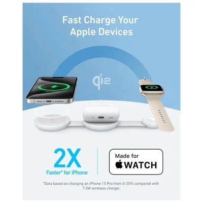 Anker MagGo Wireless Charging Station (3-in-1, Foldable Pad) with Adapter and Cable - White
